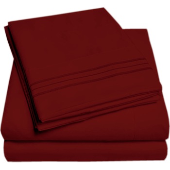 Set lenjerie de pat, cearceaf cu elastic, brodata, bumbac 100%, pat 1 persoana, visiniu Set lenjerie de pat, cearceaf cu elastic, brodata, bumbac 100%, pat 1 persoana, visiniu