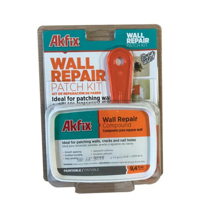 Kit de reparatii acrilice Akfix, pentru pereti si tavane, amestec acrilic + spatula + plasa de armare + smirghel