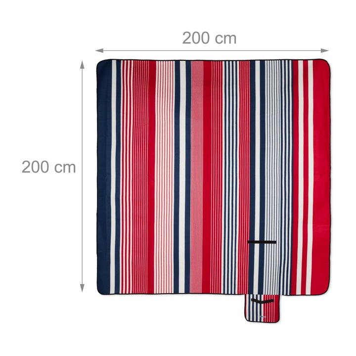 Одеяло за пикник с алуминиево фолио, 200x200, с дръжка, ивичест модел, Relaxdays, червено и синьо