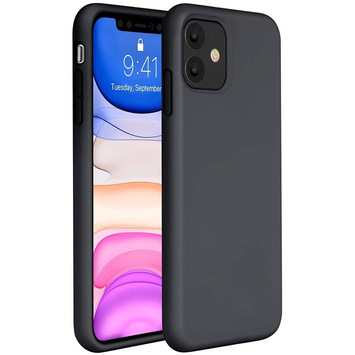 Husa protectie compatibila cu iPhone 11, ultra slim, silicon Negru, interior din microfibra, protectie camera, protectie ecran, PlanetPhone