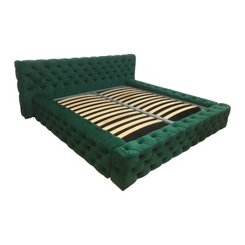 Pat tapitat Gold Verde, MobAmbient, cu tablie Chesterfield din catifea, somiera metalica rabatabila, lada de depozitare, pentru saltea 160 x 200 cm Pat tapitat Gold Verde, MobAmbient, cu tablie Chesterfield din catifea, somiera metalica rabatabila, lada de depozitare, pentru saltea 160 x 200 cm
