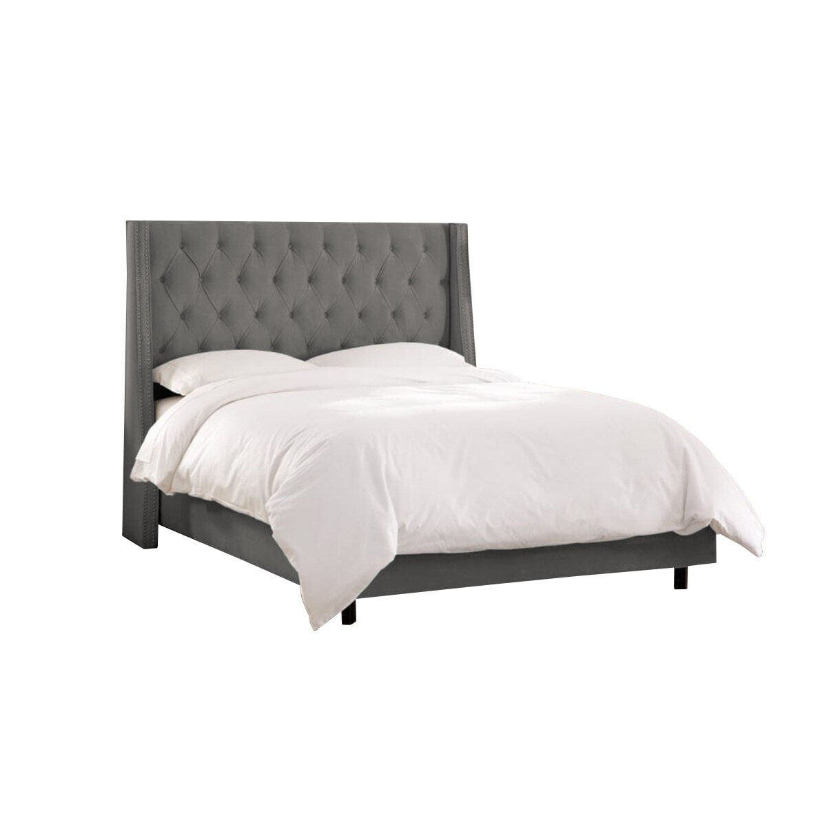 Pat tapitat Minty Gri, MobAmbient, cu tablie Chesterfield din catifea, somiera metalica rabatabila, lada de depozitare, pentru saltea 160 x 200 cm