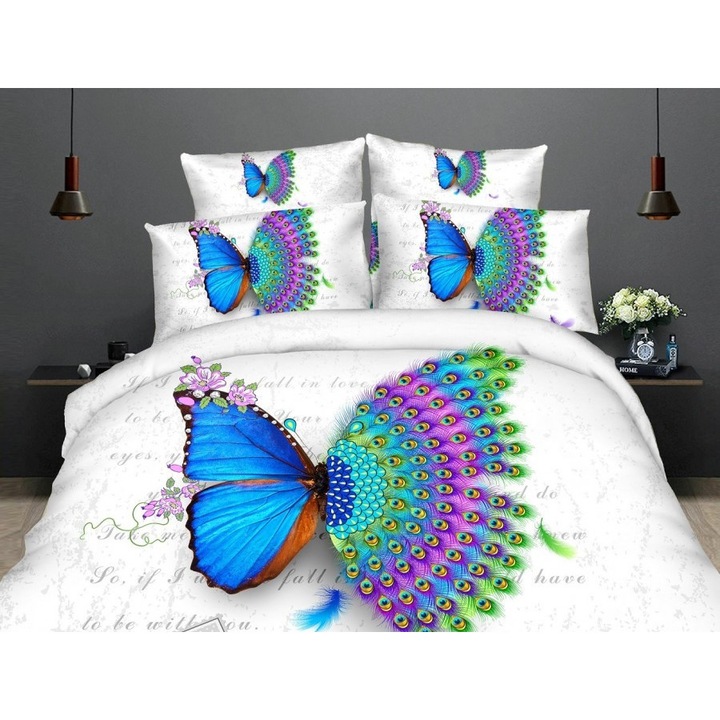 Lenjerie de pat 3D digital print 4 piese, Pucioasa, Butterfly Peacock