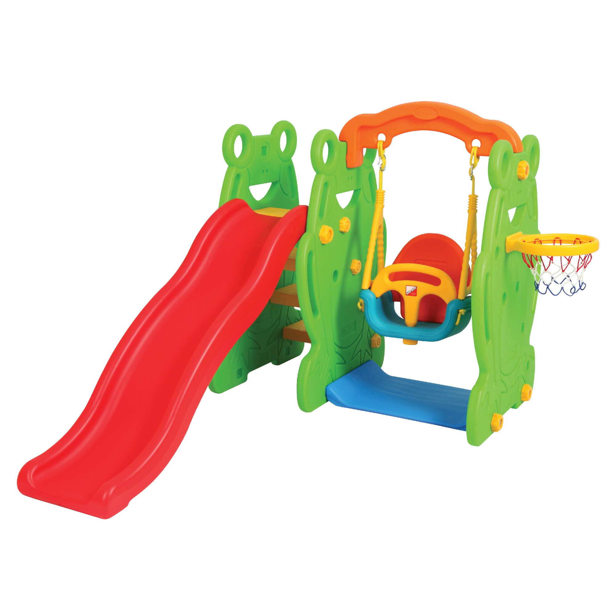 Centru de joaca 3 in1 deluxe Broscuta Edu Play cu leagan convertibil, tobogan si cos baschet