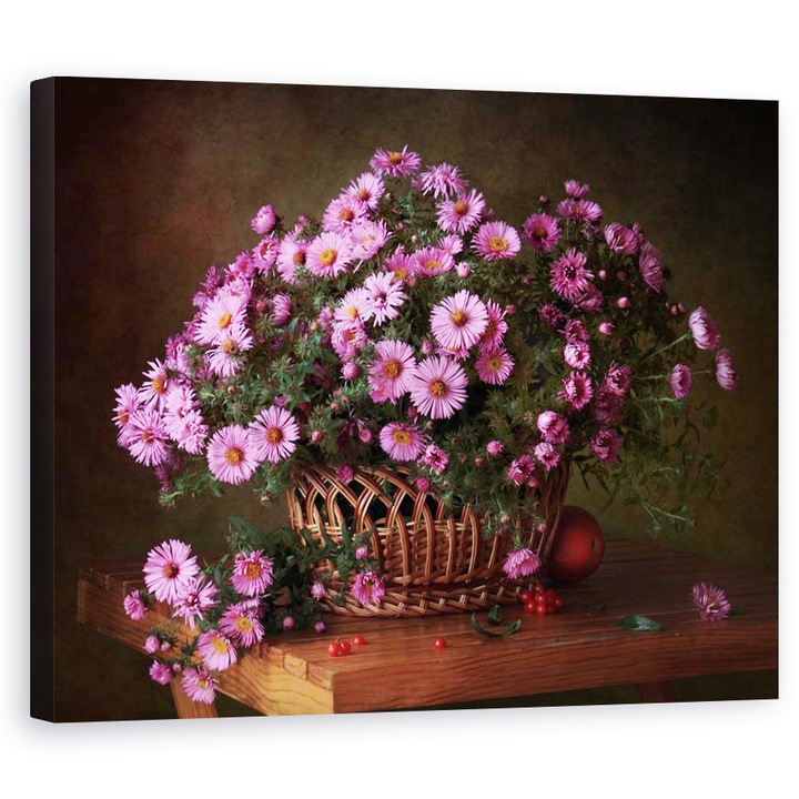 Tablou Canvas - Un Cos Cu Flori, Roz, Floare, Cos, Buchet, 60 x 75 cm