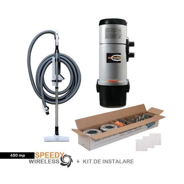 Aspirator centralizat Speedy 450 mp, on/off, set perii + furtun de 9 m, kit de instalare 3 prize