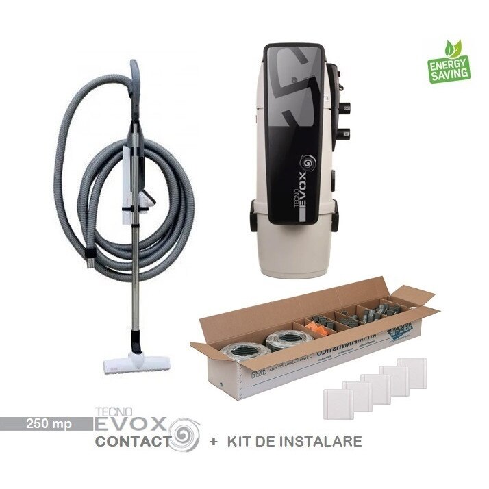 Aspirator centralizat Tecno Evox 250 mp, set perii + furtun de 9 m, kit de instalare 5 prize