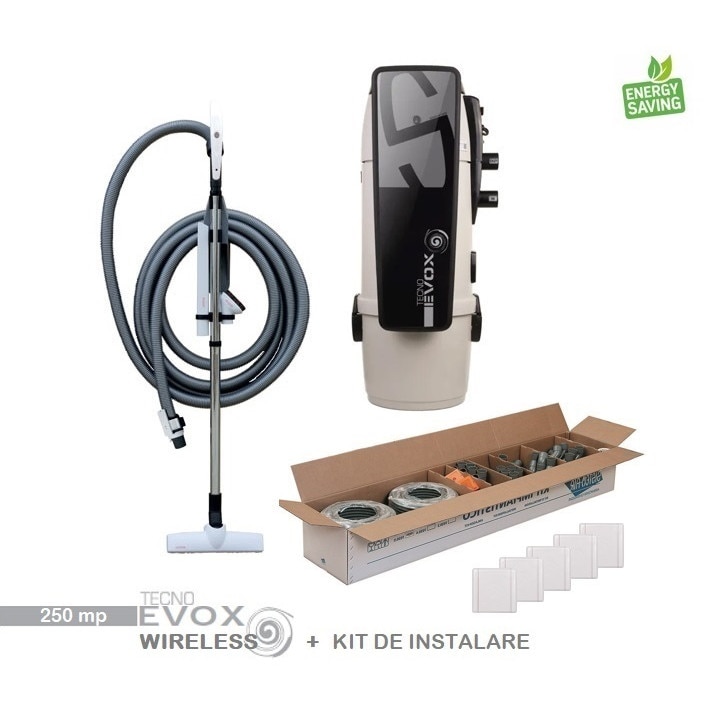 Aspirator centralizat Tecno Evox 250 mp, on/off, set perii + furtun de 9 m, kit de instalare 5 prize