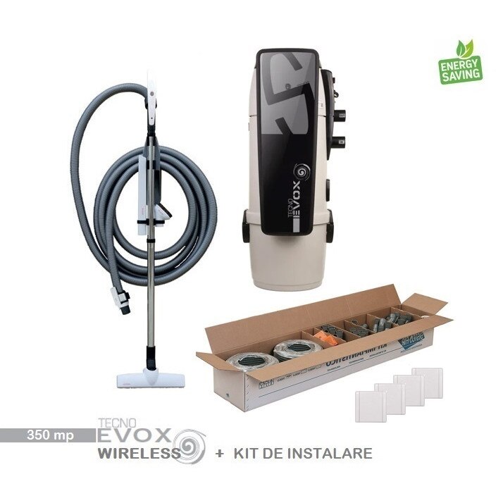 Aspirator centralizat Tecno Evox 350 mp, on/off, set perii + furtun de 9 m, kit de instalare 4 prize