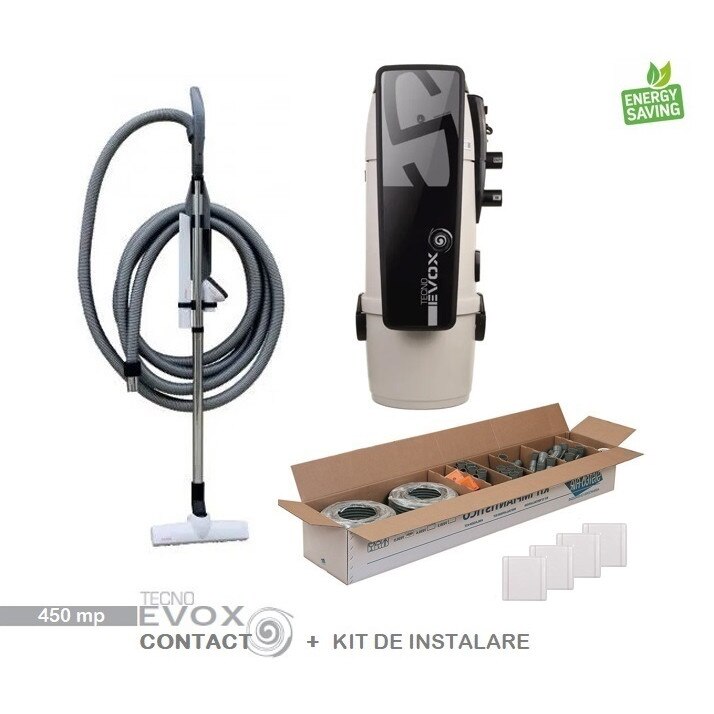 Aspirator centralizat Tecno Evox 450 mp, set perii + furtun de 9 m, kit de instalare 4 prize