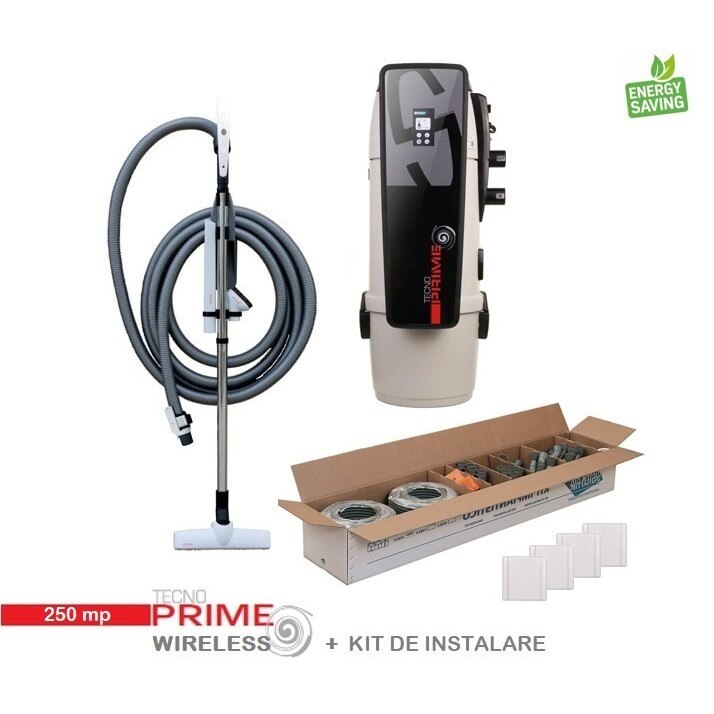 Aspirator centralizat Tecno Prime cu display touchscreen 250 mp, on/off, set perii + furtun de 9 m, kit de instalare 4 prize