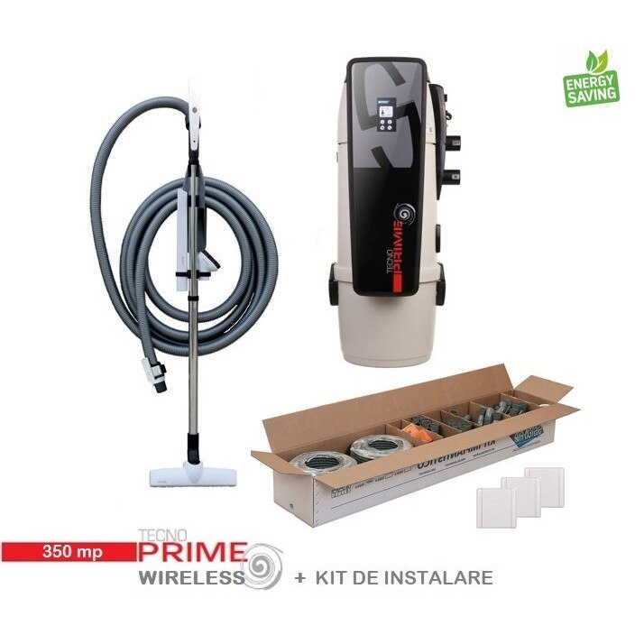 Aspirator centralizat Tecno Prime cu display touchscreen 350 mp, on/off, set perii + furtun de 9 m, kit de instalare 3 prize