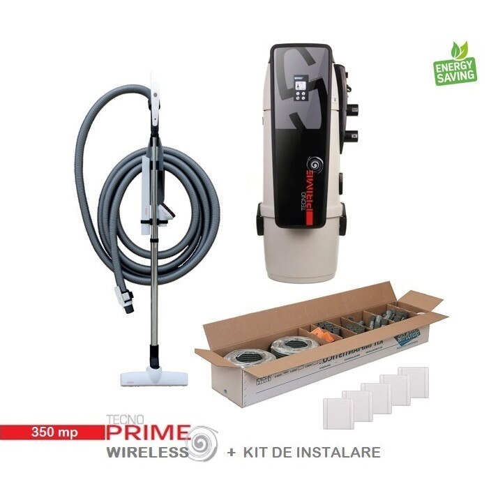 Aspirator centralizat Tecno Prime cu display touchscreen 350 mp, on/off, set perii + furtun de 9 m, kit de instalare 5 prize