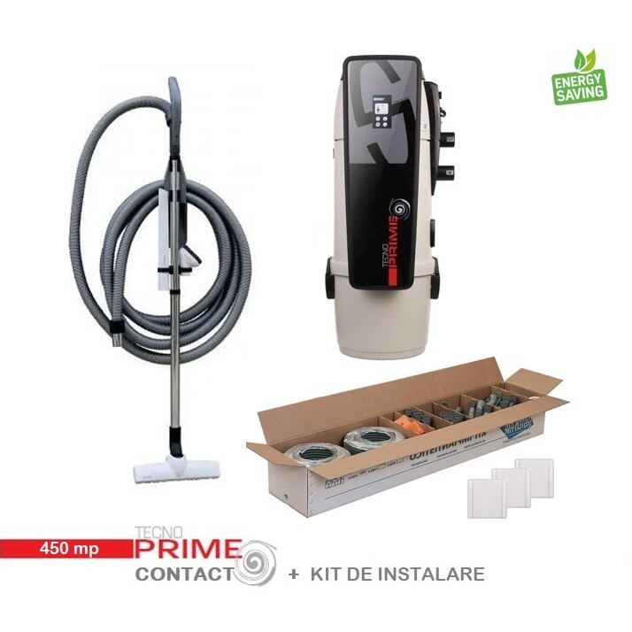 Aspirator centralizat Tecno Prime cu display touchscreen 450 mp, set perii + furtun de 9 m, kit de instalare 3 prize