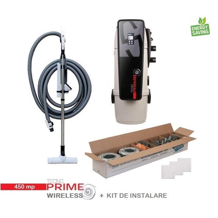 Aspirator centralizat Tecno Prime cu display touchscreen 450 mp, on/off, set perii + furtun de 9 m, kit de instalare 3 prize