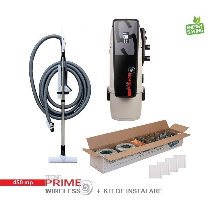 Aspirator centralizat Tecno Prime cu display touchscreen 450 mp, on/off, set perii + furtun de 9 m, kit de instalare 4 prize