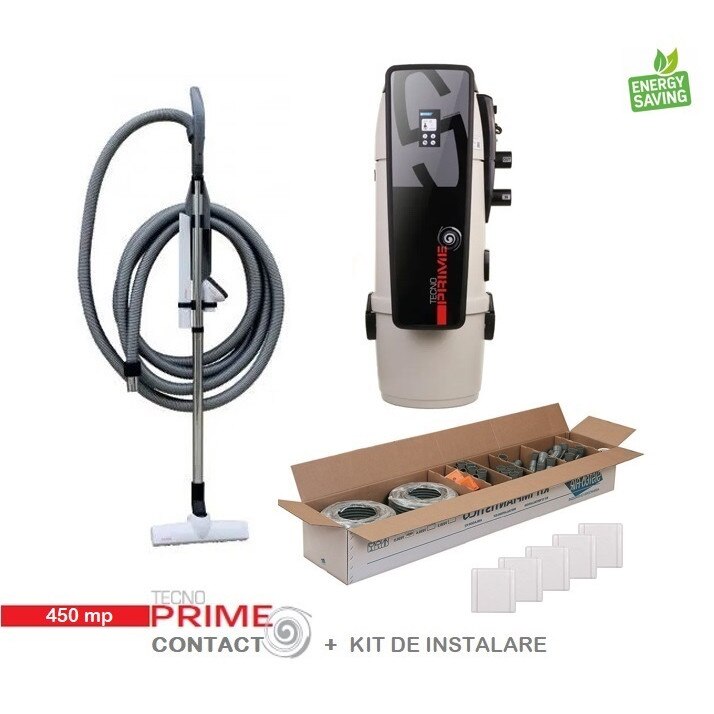 Aspirator centralizat Tecno Prime cu display touchscreen 450 mp, set perii + furtun de 9 m, kit de instalare 5 prize