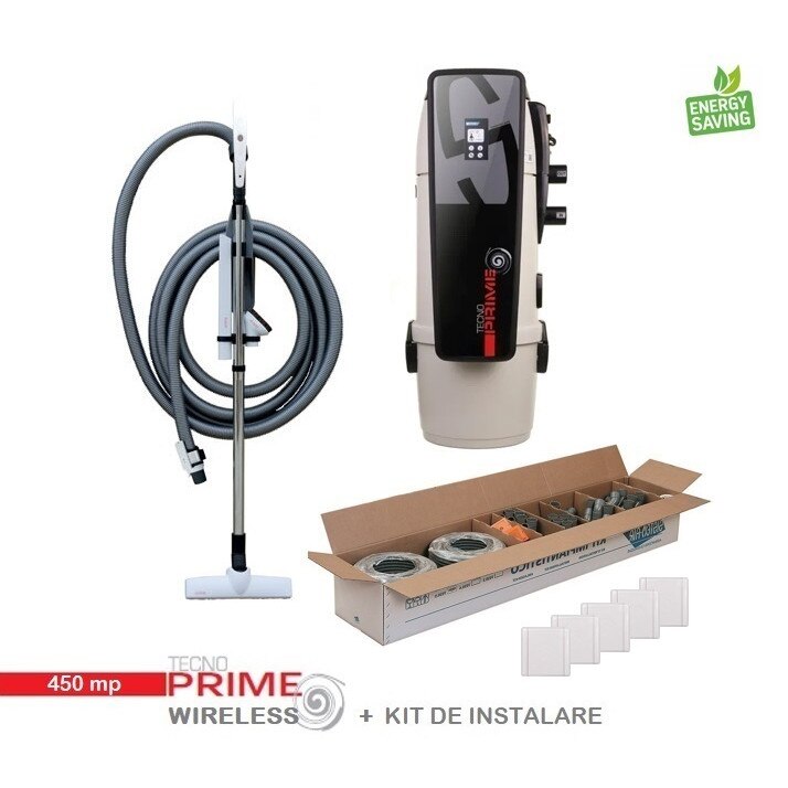 Aspirator centralizat Tecno Prime cu display touchscreen 450 mp, on/off, set perii + furtun de 9 m, kit de instalare 5 prize