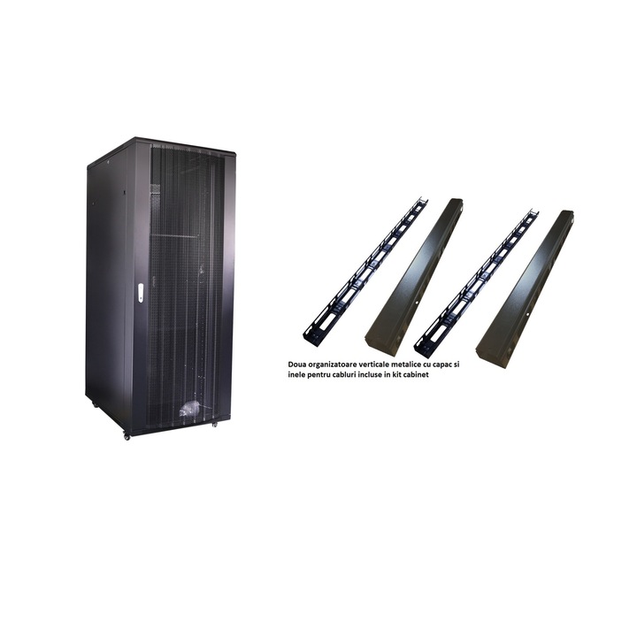 LanKATT 19" 42U 800x800 rack szekrény, felszerelt, padlón álló (szabadon álló), fém, perforált fém első / hátsó ajtók, fekete, szétszerelve