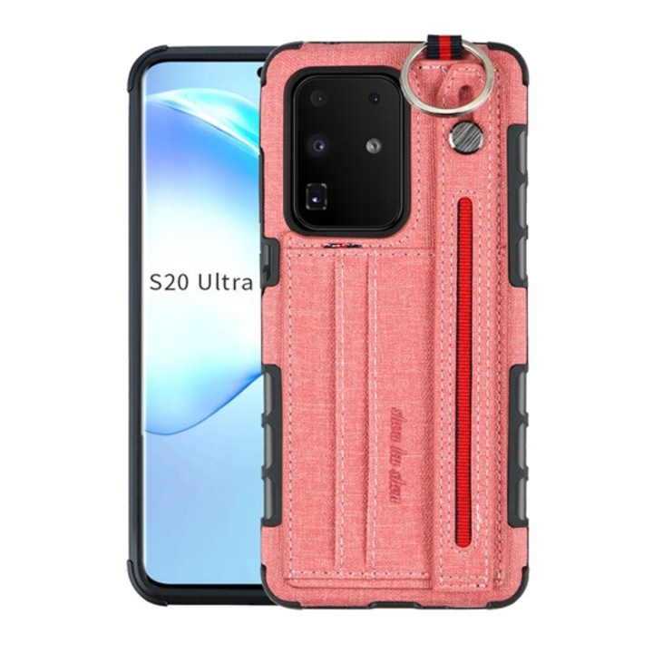 Gigapack szilikon mobiltelefon tok, ütésállóság, asztali tartó, kártyazseb, textil hátlap + kézpánt, rózsaszín, kompatibilis: Samsung Galaxy S20 Ultra 5G, SM-G988B, / Galaxy S20 Ultra, SM-G988F