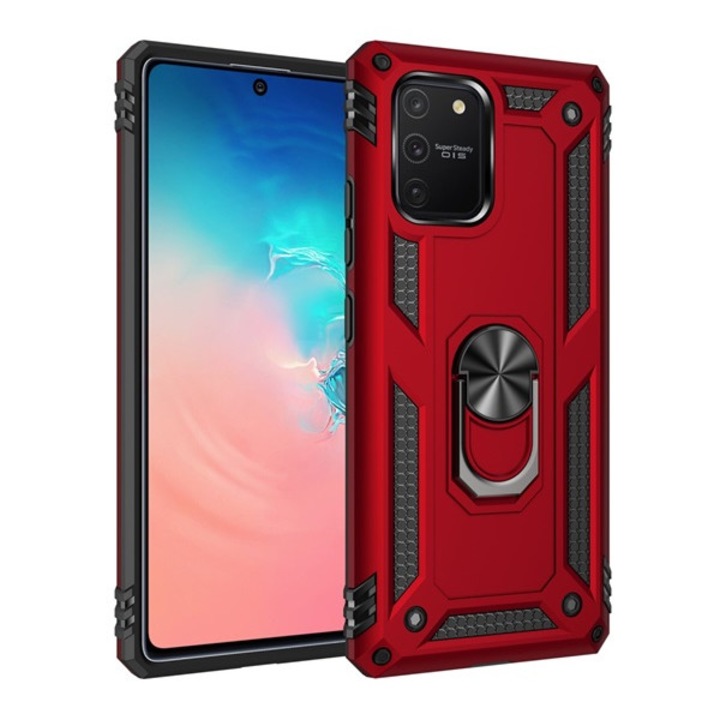 Samsung Galaxy S10 Lite (SM-G770F) Gigapack defender műanyag telefonvédő (közepesen ütésálló, szilikon belső, telefontartó gyűrű, beépített fémlemez) piros, gigapack csomagolás