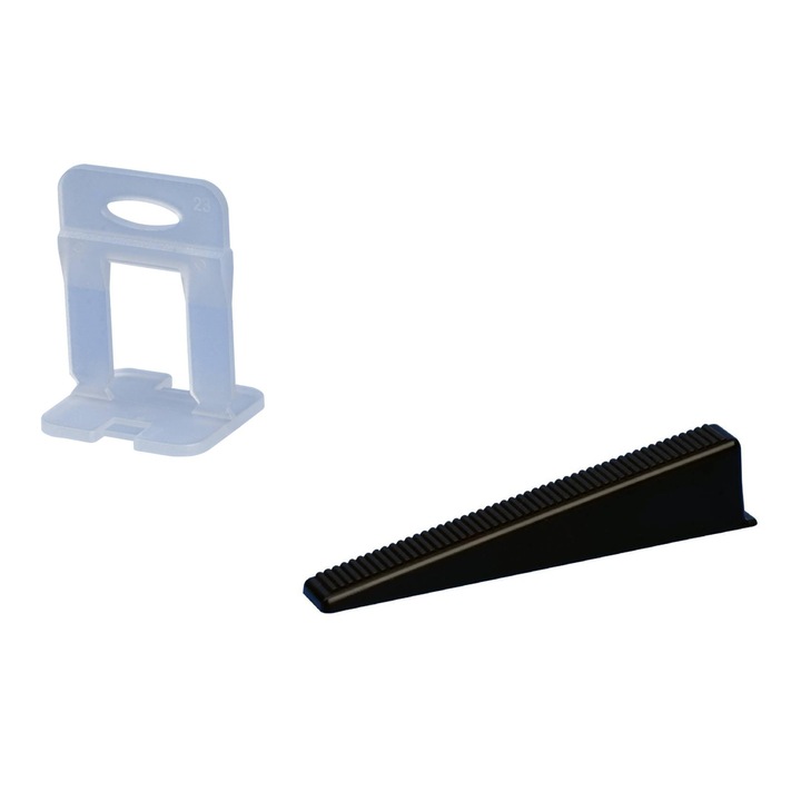Set 300 cleme si 100 pene sistem nivelare CONFORT, rost de 1 mm, pentru placi ceramice cu grosime intre 3 si 16 mm