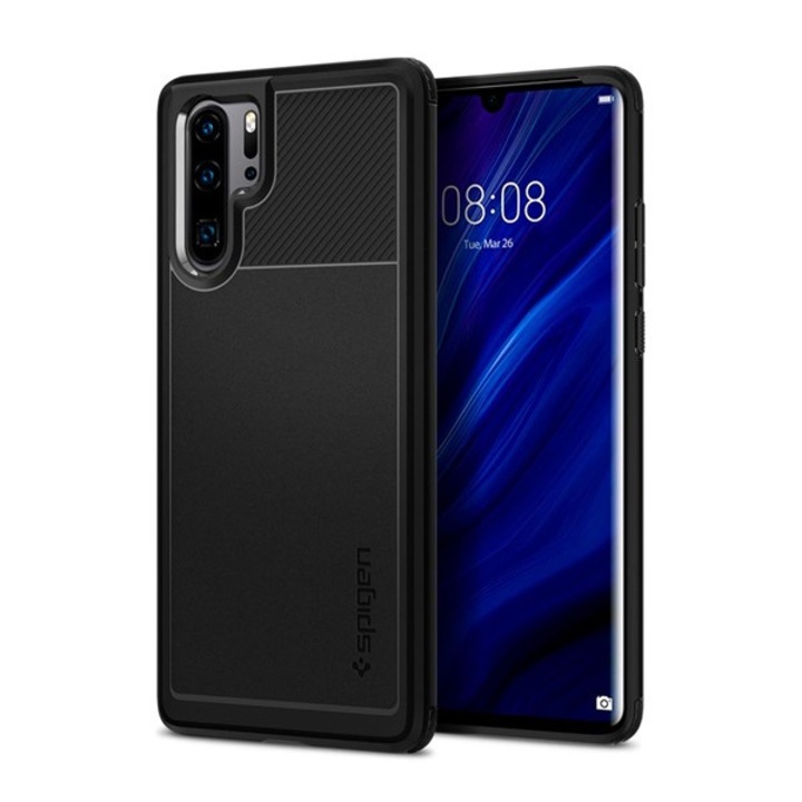 Mobiltelefon tok, kompatibilis, Huawei P30 Pro Spigen rugged armor szilikon telefonvédő (ütésállóság, légpárnás sarok, karbon minta) fekete, gyártói csomagolás