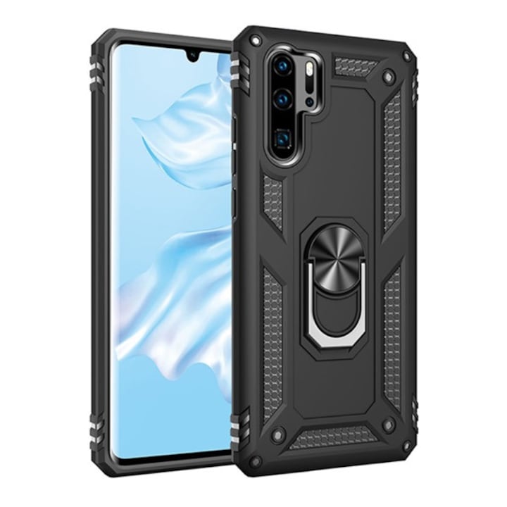 Mobiltelefon tok, kompatibilis, Huawei P30 Pro Gigapack defender műanyag telefonvédő (ütésállóság, szilikon belső, tartógyűrű, mágneses) fekete, gigapack csomagolás