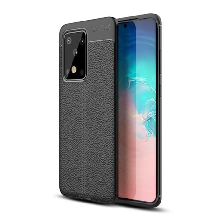 Gigapack szilikon mobiltelefon tok, ütésállóság, bőr hatású, varrás minta, fekete, kompatibilis: Samsung Galaxy S20 Ultra 5G, SM-G988B, / Galaxy S20 Ultra, SM-G988F