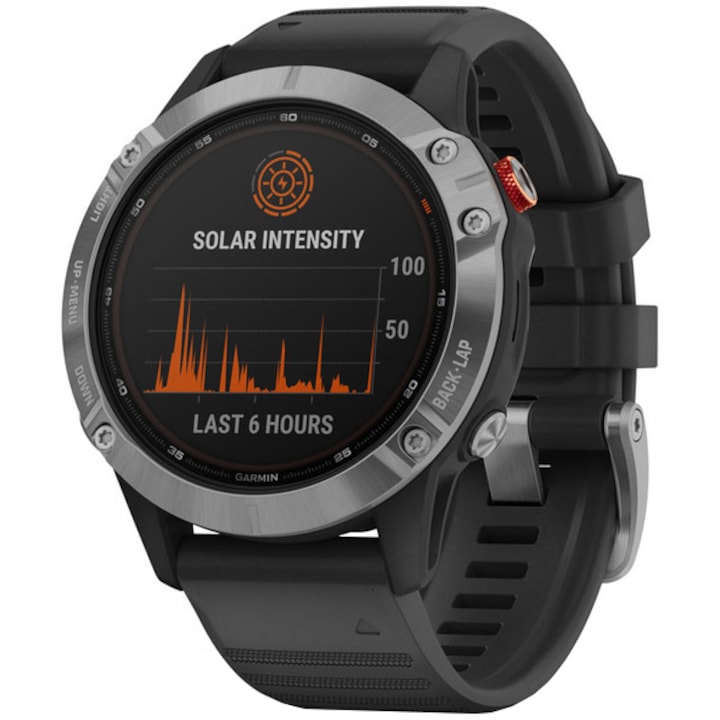 Часовник Smartwatch Garmin Fenix 6, Solar, 47 мм, Silicone strap, Silver/Black