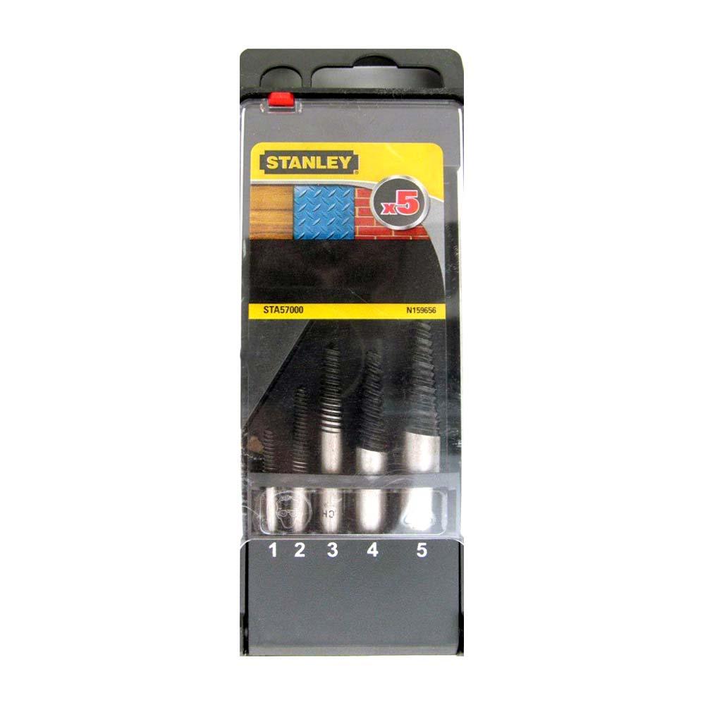 Set de 5 extractoare de suruburi, de Ø1-2-3-4-5mm STA57000-QZ Stanley 1mm: diametrul 2.5mm M3-6 1/8-1/4. 2mm: diametrul 3 M6-8 1/4-5/16. 3mm: diametrul 5 M8-12 6/16-7/16. 4mm: diametrul 5.5 M11-14 7/16-9/16. 5mm: diametrul 7.5 M14-18 9/16-3/4