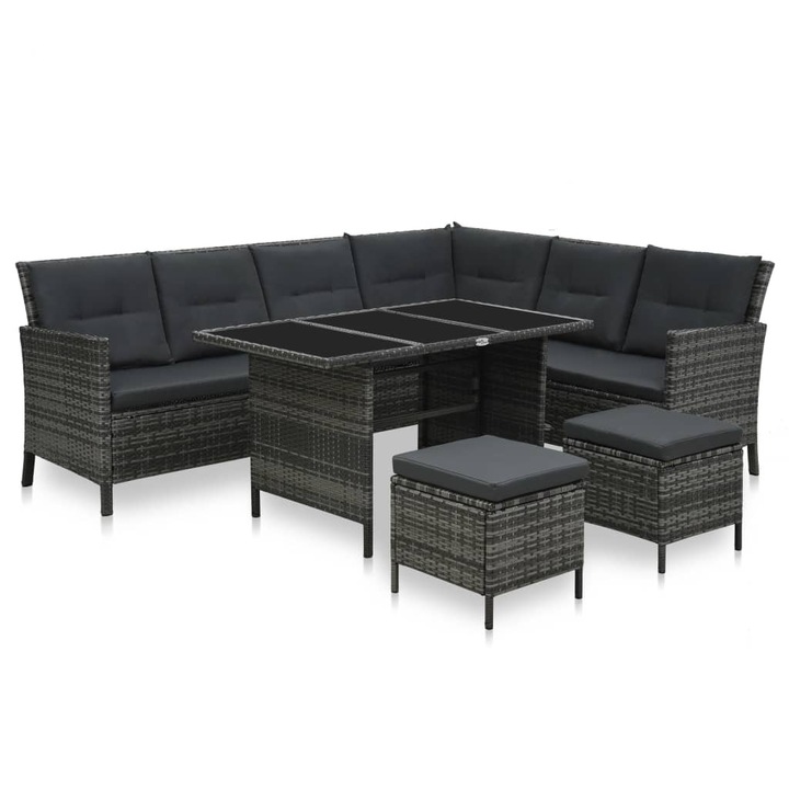 Set mobilier de gradina cu perne vidaXL, 4 piese, gri, poliratan, 50.78 kg