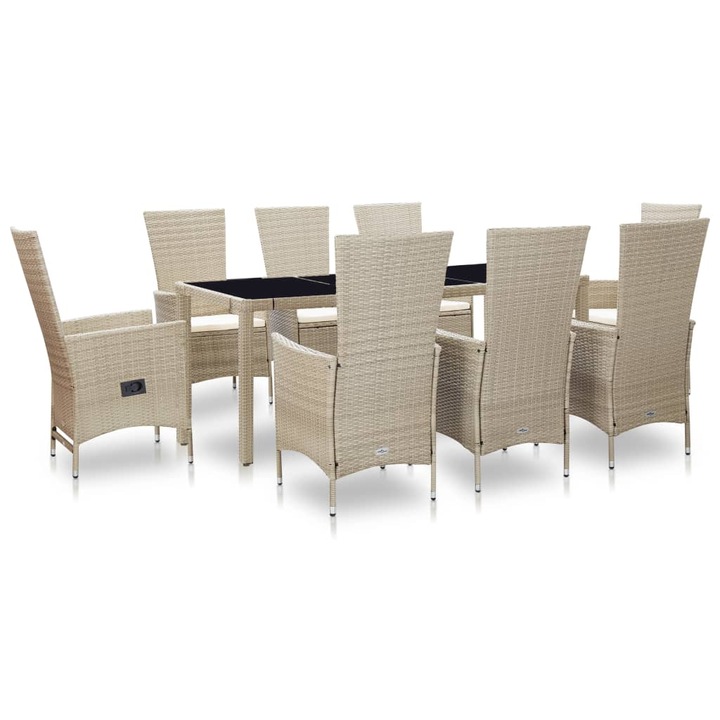 Set mobila de exterior cu 9 piese vidaXL, Ratan, 190 x 90 x 75 cm Bej