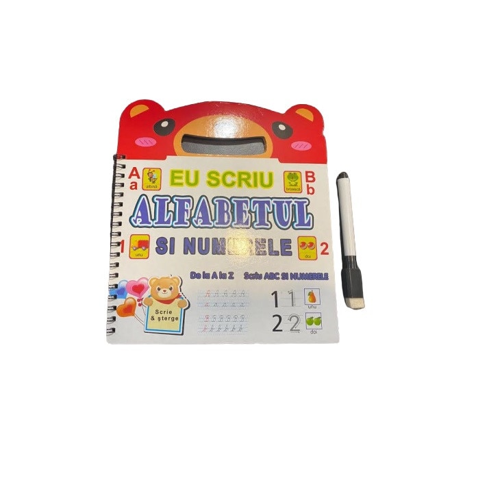 Carte tip tablita magnetica, 10 pagini, cu alfabetul si numerele + marker si burete
