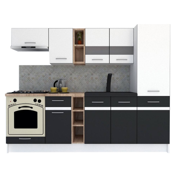 Set Bucatarie Marina New 250 A, Alb / Gri, 250 x 195,5 x 60 cm