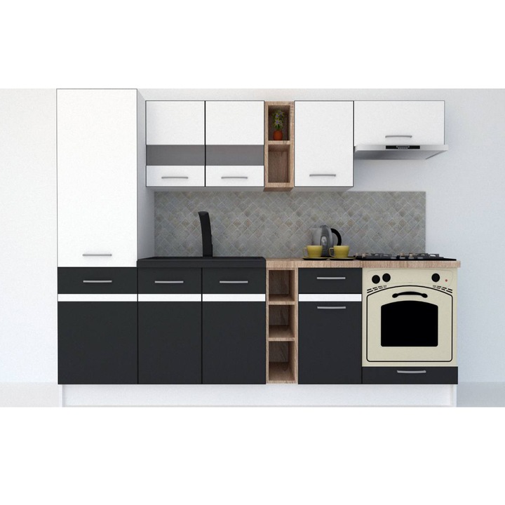 Set Bucatarie Marina New 250 B, Alb / Gri, 250 x 195,5 x 60 cm