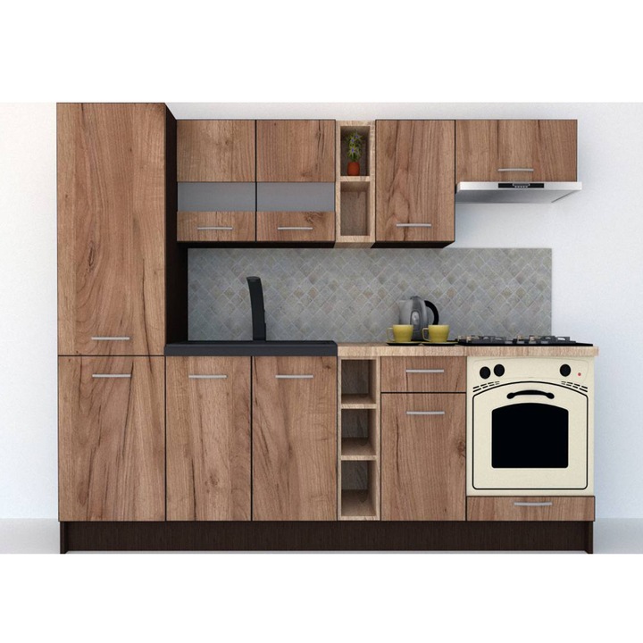 Set Bucatarie Marina New 250 B, Wenge / Decor K004, 250 x 195,5 x 60 cm