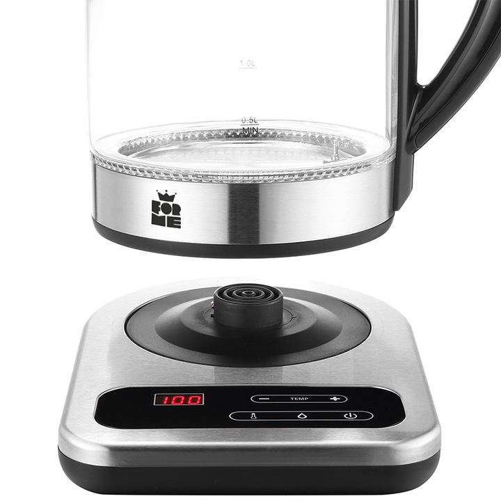 Fierbator electric din sticla ForMe, 1.7 L, 2200W, Control Temperatura 40-100°C, Ilumiinare LED albastru, Functie Keep Warm, Oprire automata, Fara BPA, Argintiu