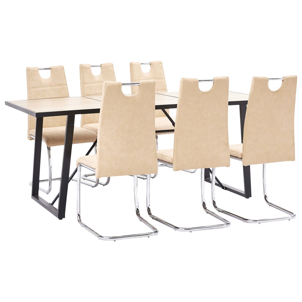 Set de 7 piese masa cu 6 scaune consola de bucatarie, vidaXL, Piele ecologica/Lemn stejar/Otel, 180 x 90 x 75 cm, Crem