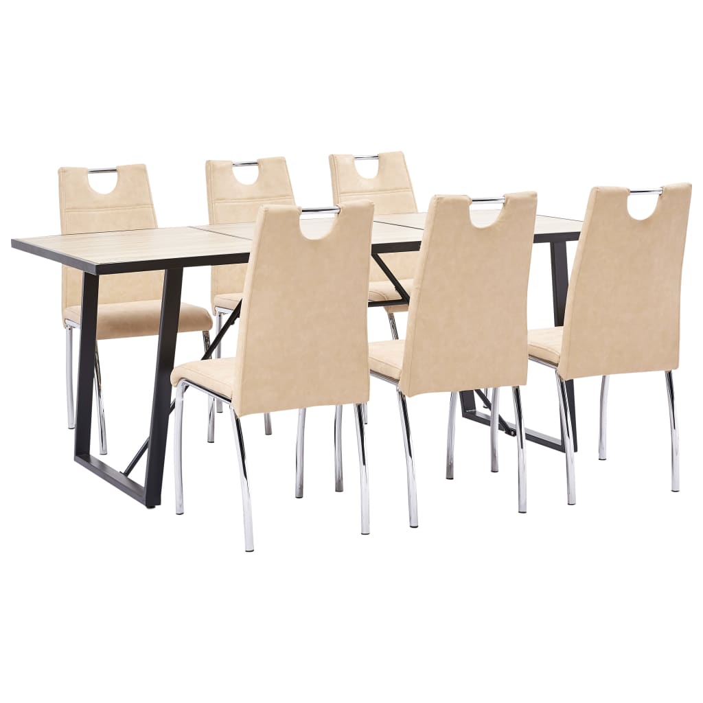 Set de 7 piese masa cu 6 scaune bucatarie, vidaXL, Piele ecologica/Lemn stejar/Otel, 180 x 90 x 75cm, Crem