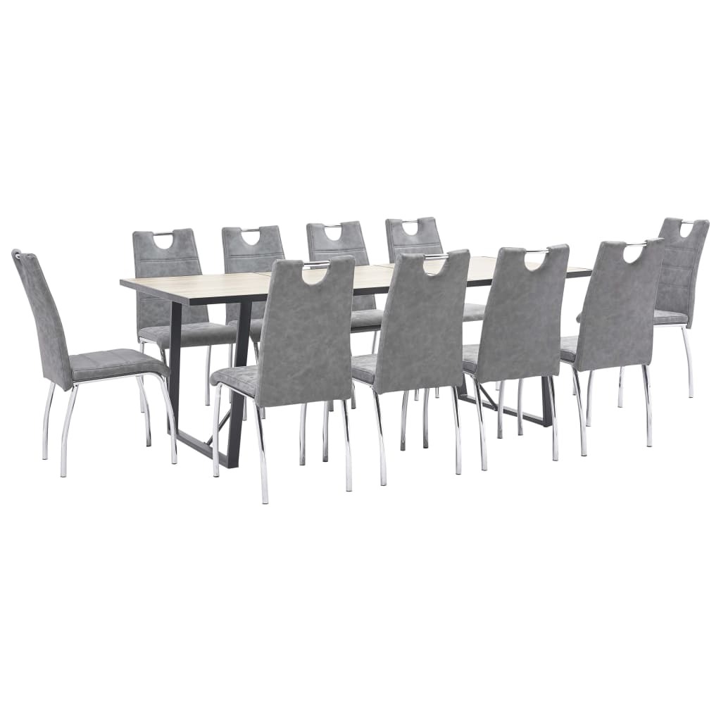 Set de 11 piese masa cu 10 scaune de bucatarie, vidaXL, Piele ecologica/Lemn stejar/Otel, 200 x 100 x 75 cm, Gri inchis