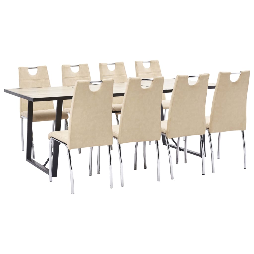 Set de 9 piese masa cu 8 scaune de bucatarie, vidaXL, Piele ecologica/Lemn stejar/Otel, 200 x 100 x 75 cm, Crem