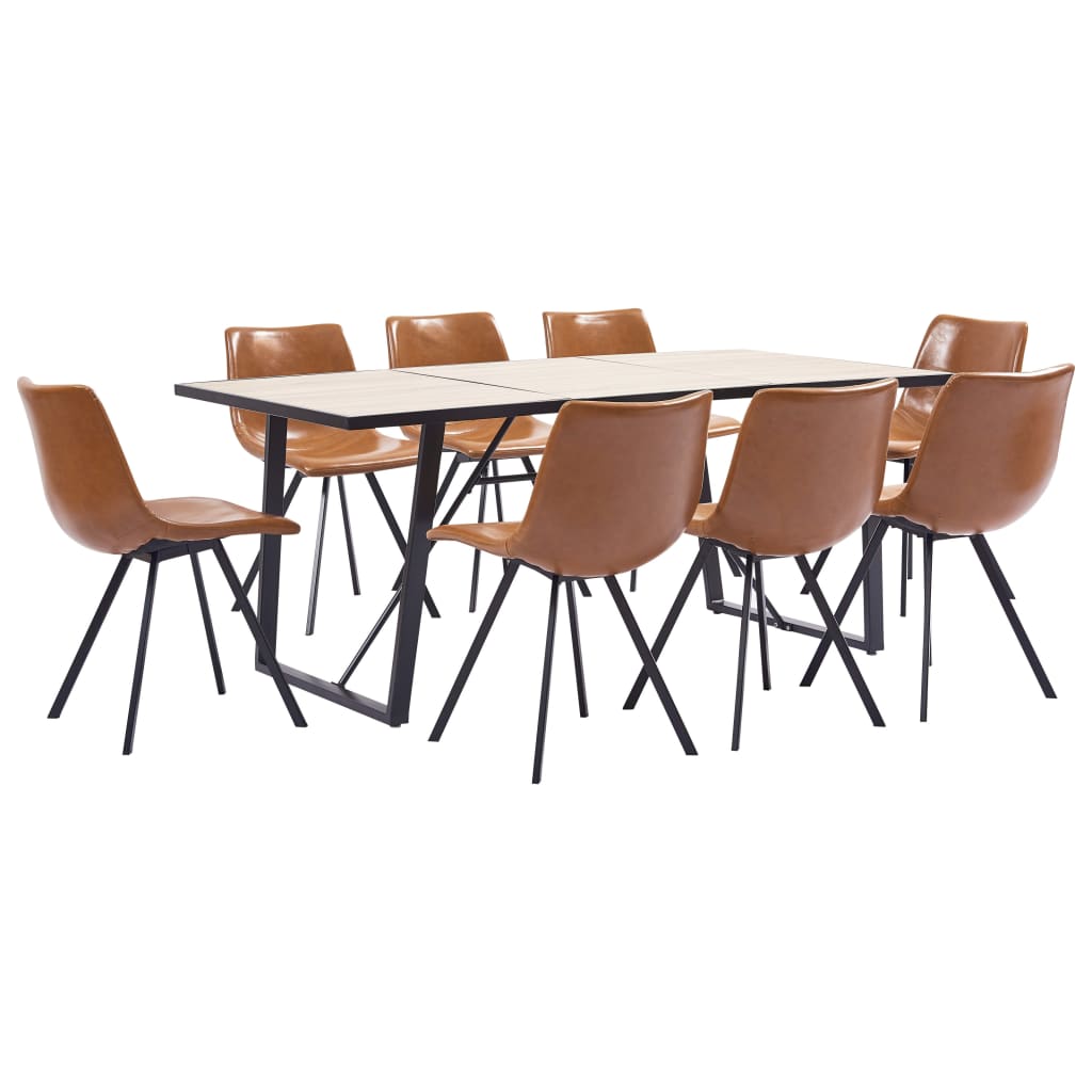 Set de 9 piese masa cu 8 scaune de bucatarie, vidaXL, Piele ecologica/Lemn stejar/Otel, 180 x 90 x 75cm, Maro lucios