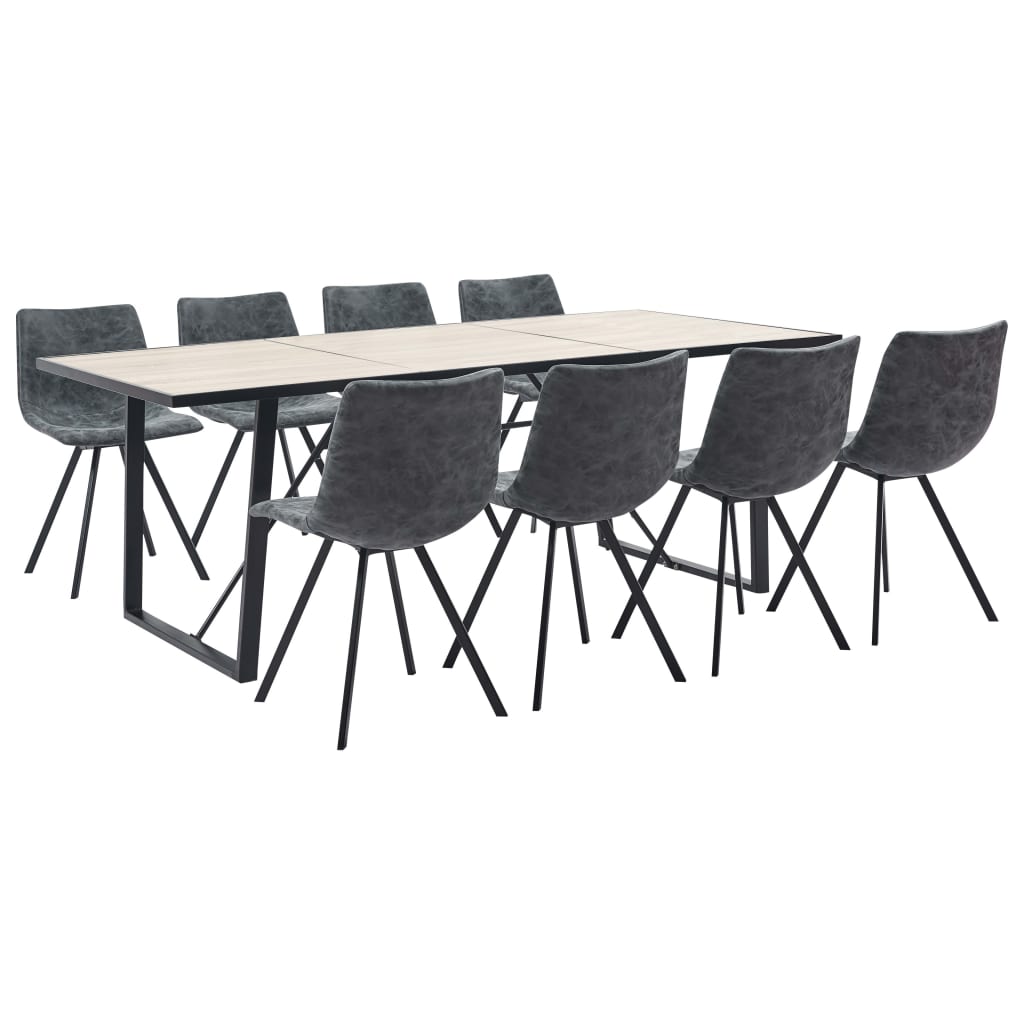 Set de 9 piese masa cu 8 scaune de bucatarie, vidaXL, Piele artificiala/Lemn de stejar/Otel, 200 x 100 x 75 cm, Negru