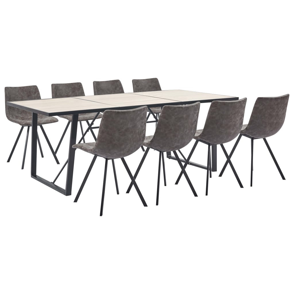Set de 9 piese masa cu 8 scaune de bucatarie, vidaXL, Piele artificiala/Lemn de stejar/Otel, 200 x 100 x 75 cm, Maro
