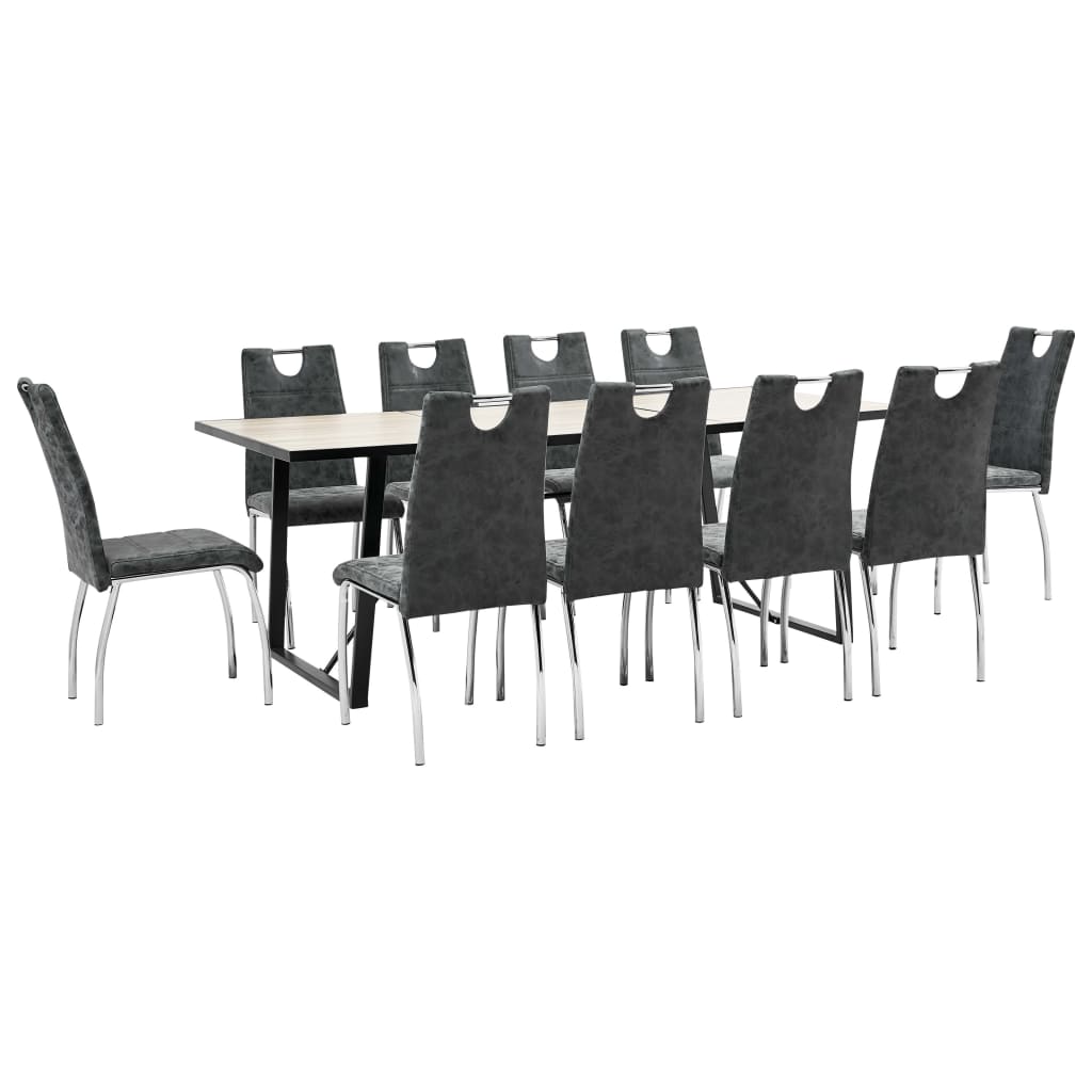 Set de 11 piese masa cu 10 scaune de bucatarie, vidaXL, Piele ecologica/Lemn stejar/Otel, 200 x 100 x 75 cm, negru