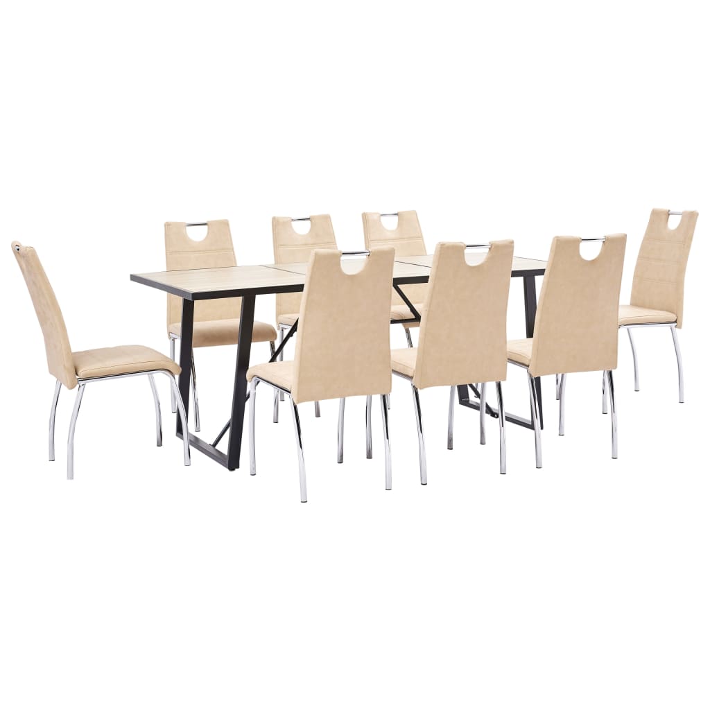 Set de 9 piese masa cu 8 scaune bucatarie, vidaXL, Piele ecologica/Lemn stejar/Otel, 180 x 90 x 75cm, Crem