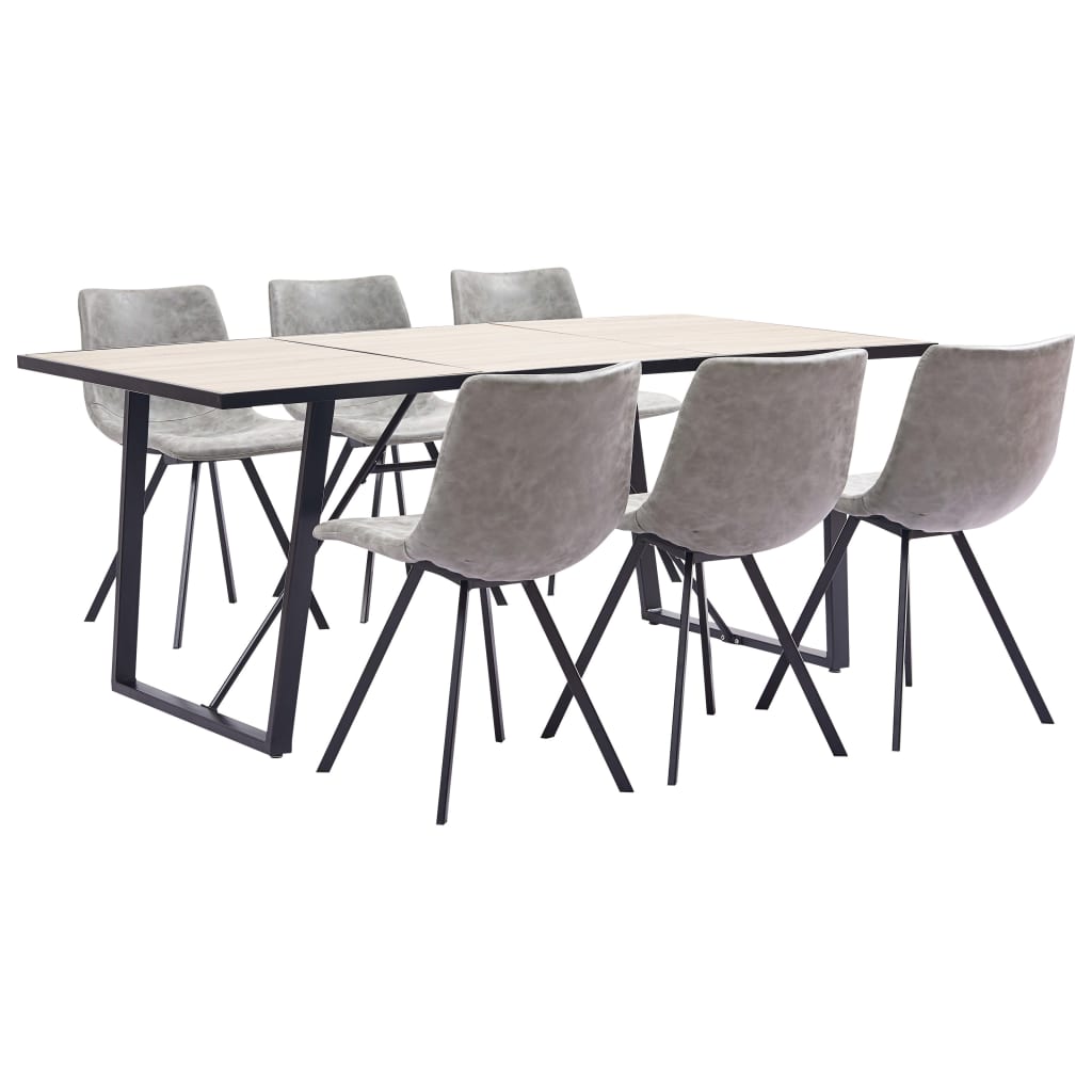 Set de 7 piese masa cu 6 scaune de bucatarie, vidaXL, Piele ecologica/Lemn stejar/Otel, 180 x 90 x 75cm, Gri deschis mat