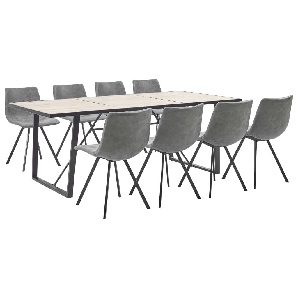 Set de 9 piese masa cu 8 scaune de bucatarie, vidaXL, Piele artificiala/Lemn de stejar/Otel, 200 x 100 x 75 cm, Gri inchis
