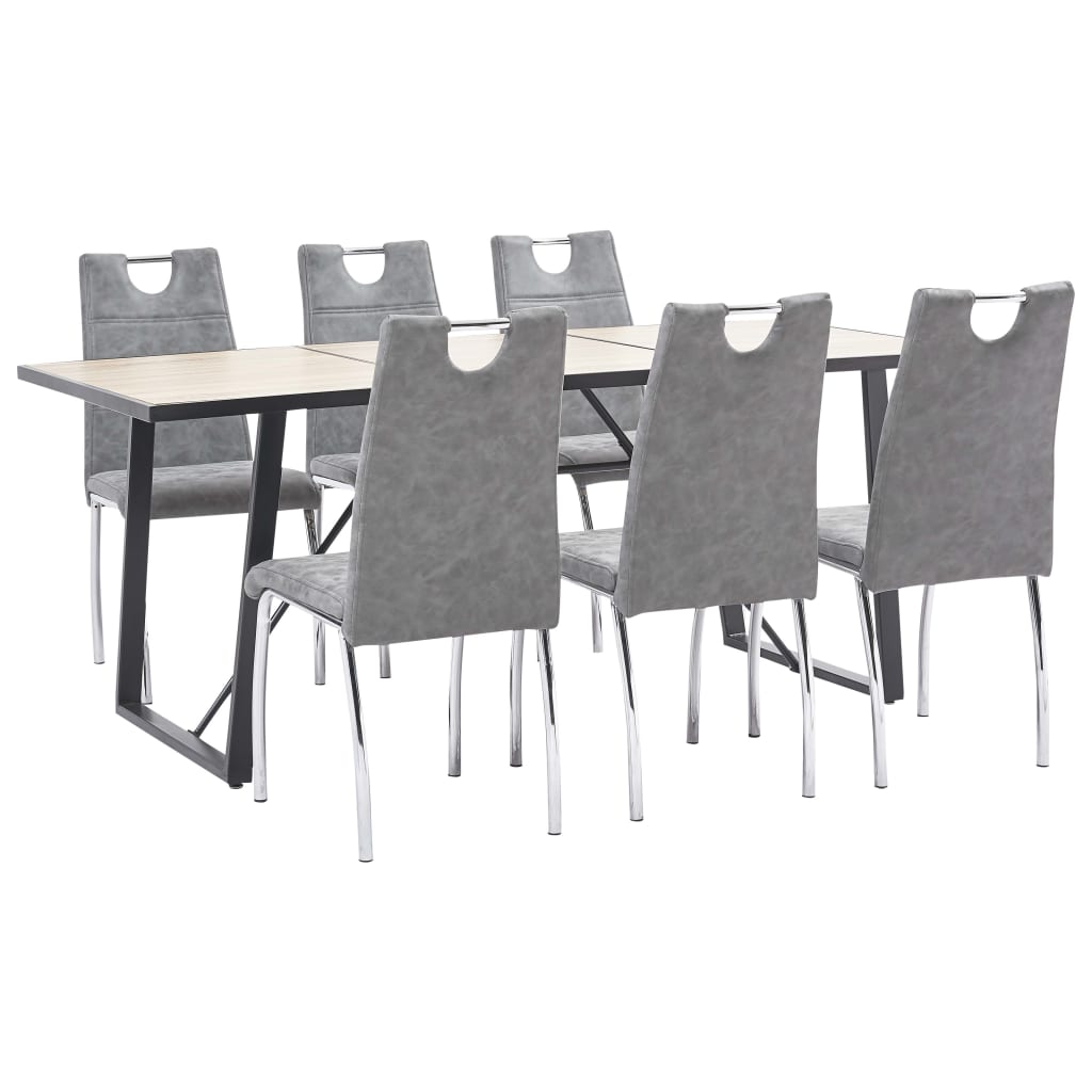 Set de 7 piese masa cu 6 scaune bucatarie, vidaXL, Piele ecologica/Lemn stejar/Otel, 180 x 90 x 75cm, Gri inchis